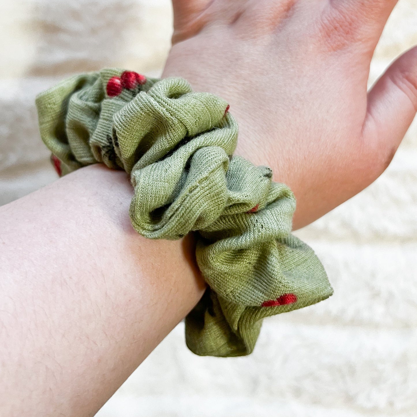 Knit Green Cherry Scrunchie