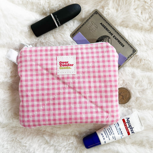 Small Quilted Zipper Pouch - Pink Gingham